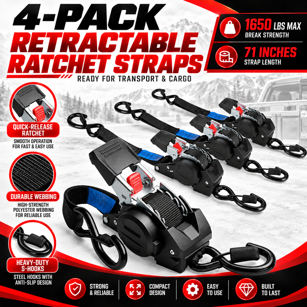Heavy-Duty Retractable Ratchet Tie-Down Straps