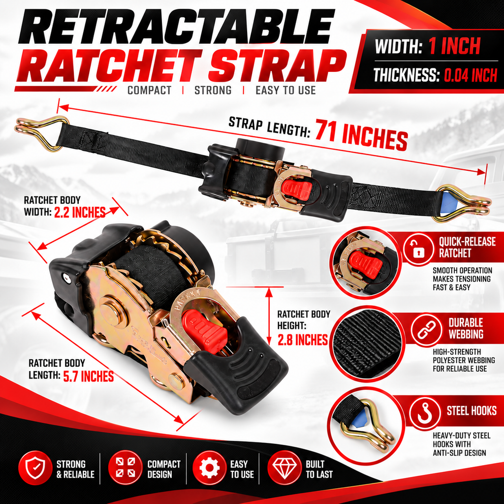 Heavy-Duty Retractable Ratchet Tie-Down Straps